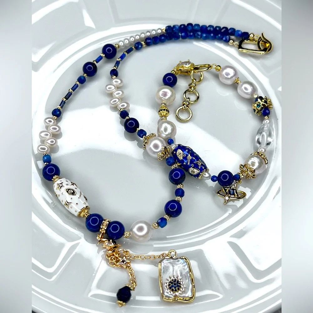 🤩🤩 Handmade Freshwater Edison Pearl Lapis Clear Quartz Necklace Bracelet SET - Picture 3 of 6